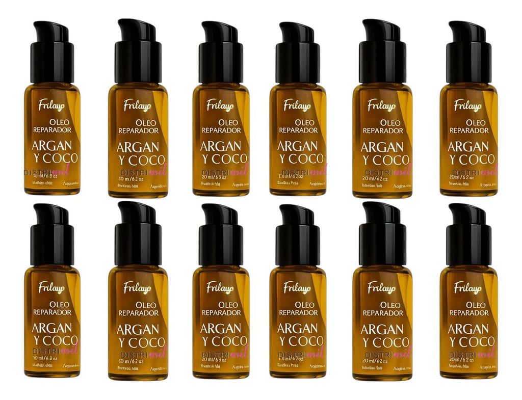 Serum Oleo Reparador Argan Y Coco Frilayp X50cc X12 Unidades - Nutre Hidrata Revitaliza Suaviza - Ideal Uso Profesional Barberia Peluqueria Estetica Salon - Reconstruye Fibra Capilar Y Aporta Brillo