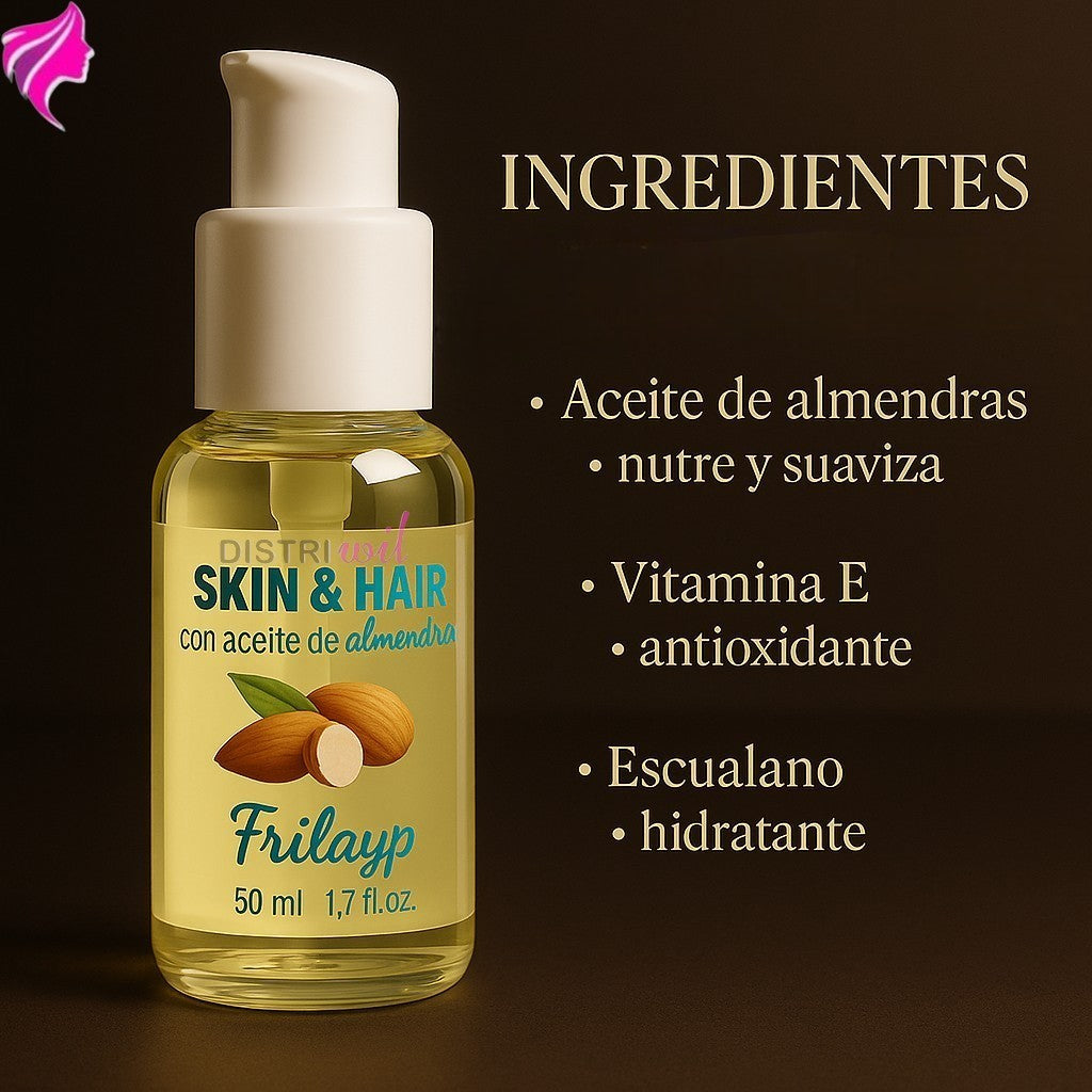 Booster Aceite De Almendras Serum Skin Y Hair Frilayp X50cc Hidratante Para Piel Y Cuerpo - Ideal Pieles Resecas - Cabellos Deshidratados Y Opacos - Suavidad Nutricion Brillo