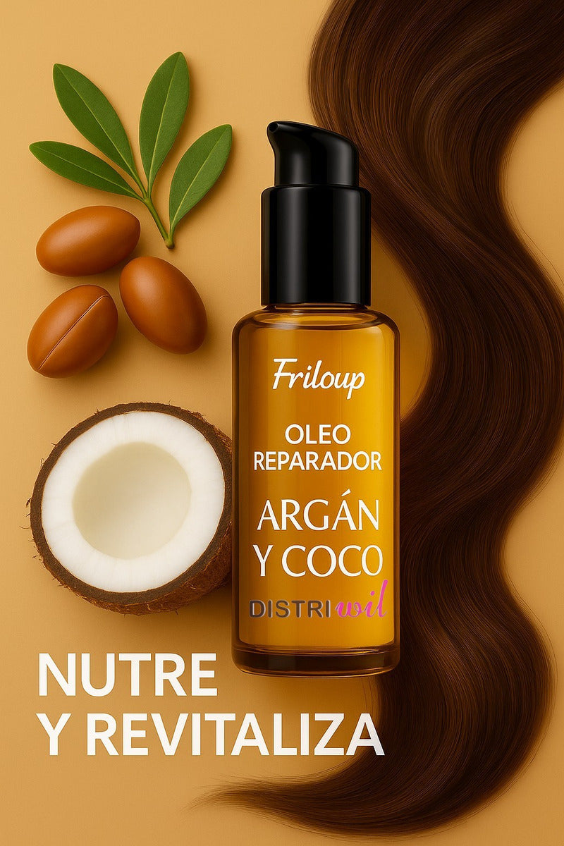 Serum Oleo Reparador Argan Y Coco Frilayp X50cc X12 Unidades - Nutre Hidrata Revitaliza Suaviza - Ideal Uso Profesional Barberia Peluqueria Estetica Salon - Reconstruye Fibra Capilar Y Aporta Brillo