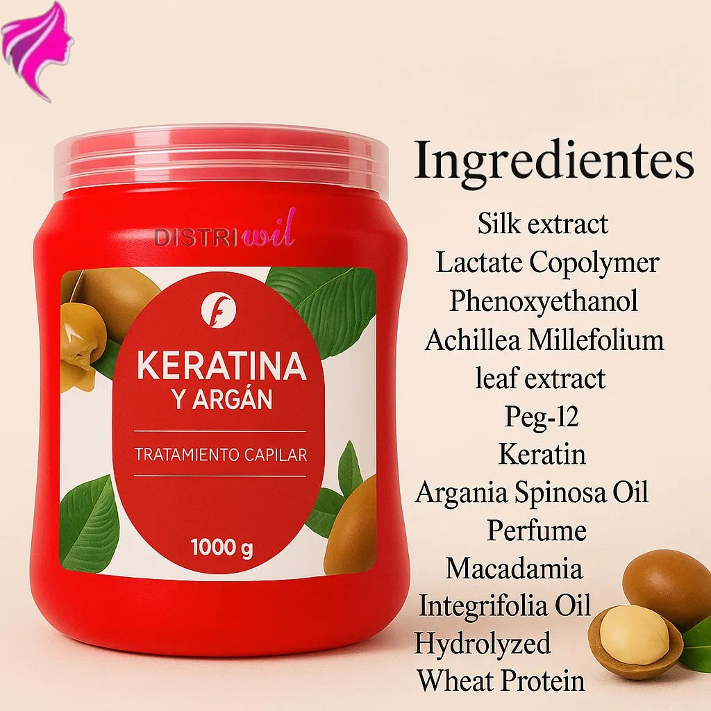 Mascara Keratina y Argan Frilayp X1000g Tratamiento Reestructurante Nutritivo Hidratante Oleo Extraordinario Luminoso Reconstruye Fibra Capilar Previniendo Quiebre y Caida
