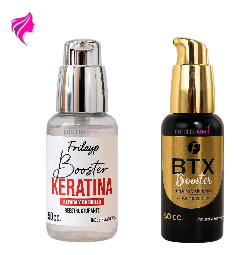 Kit Hidratante Booster Keratina + Booster Btx Frilayp X50cc Repara Y Da Brillo Antiage - Reestructurante Suavidad Nutricion Brillo Humectacion Hidratacion Uso Profesional