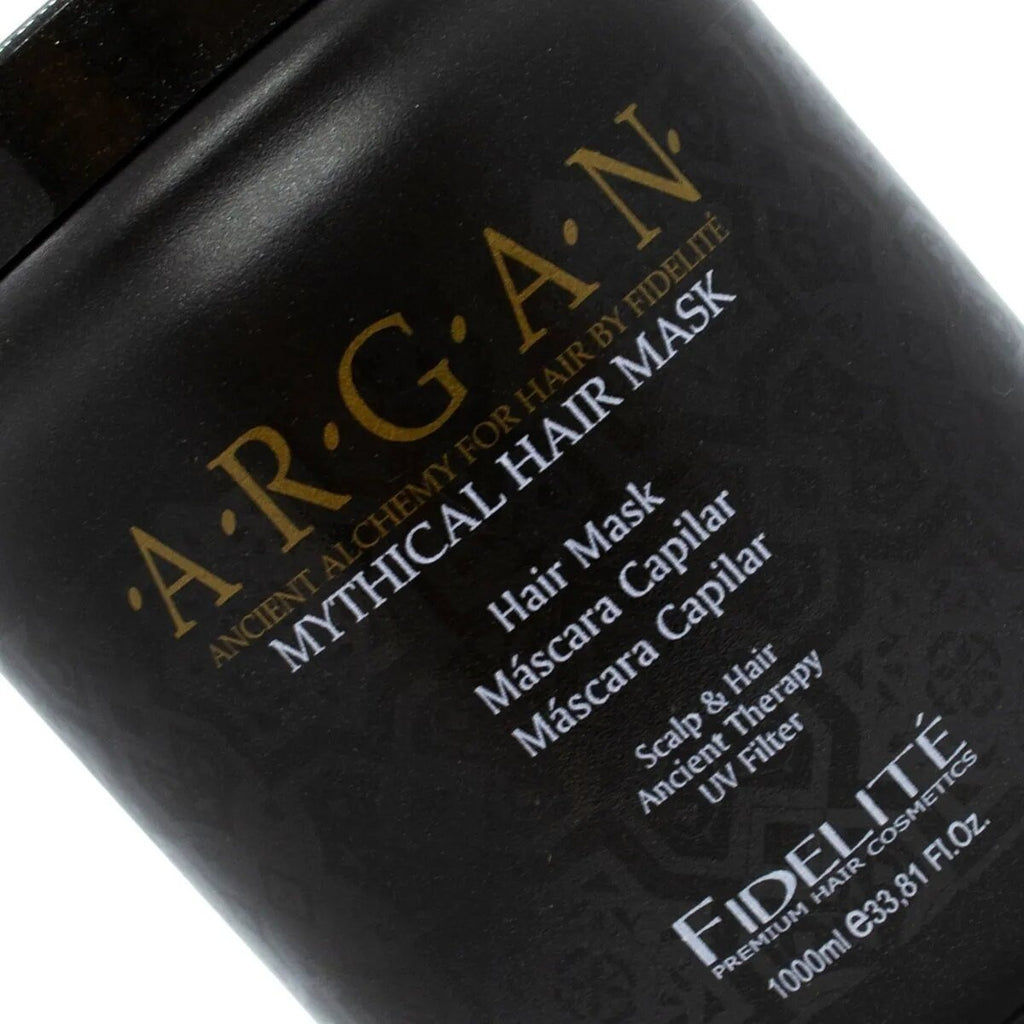 Fidelite Mascara Capilar Argan Mythical X1000ml Hidratacion Brillo Suavidad Nutricion Reparacion Filtro Uv Uso Profesional Ideal Estetica Peluqueria