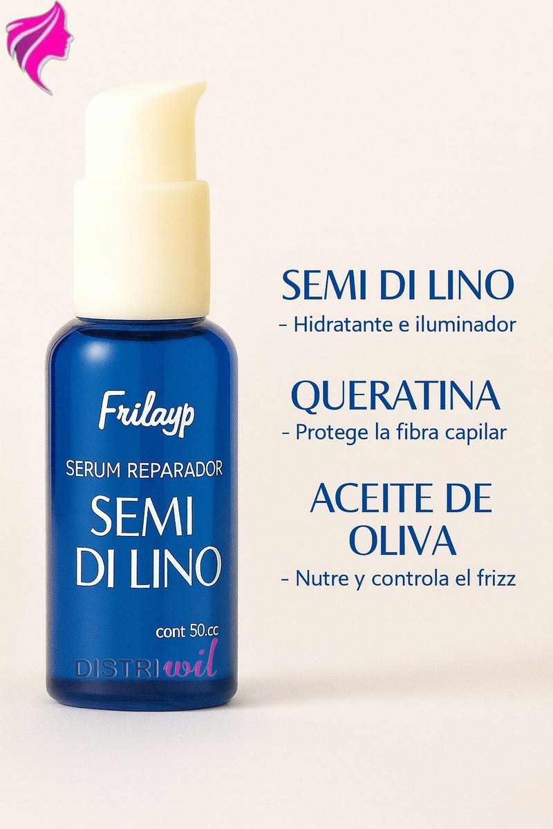 Serum Reparador Semi Di Lino Frilayp X50cc Repara Puntas Reconstruye Fibra Capilar Hidrata Suaviza Nutre Humecta - Ideal Uso Profesional Salon Belleza Peluqueria
