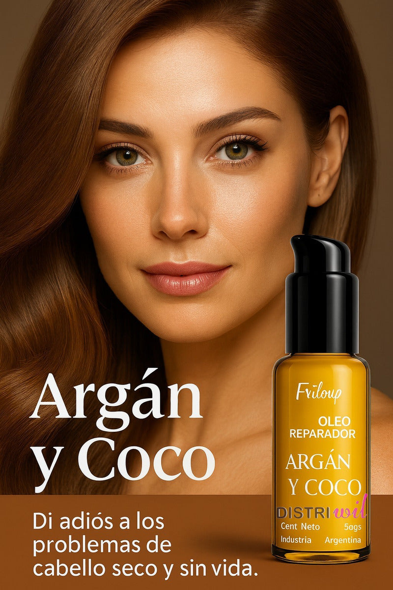 Serum Oleo Reparador Argan Y Coco Frilayp X50cc X12 Unidades - Nutre Hidrata Revitaliza Suaviza - Ideal Uso Profesional Barberia Peluqueria Estetica Salon - Reconstruye Fibra Capilar Y Aporta Brillo
