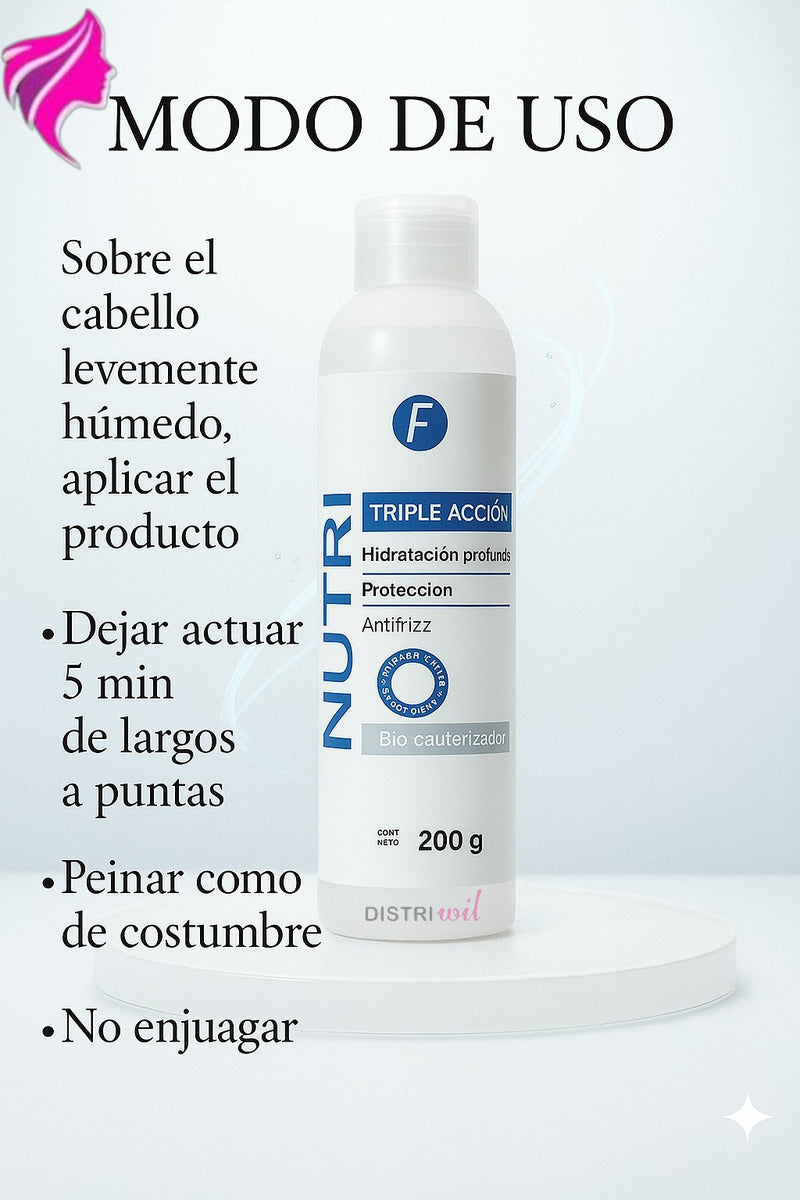 Nutri Triple Accion Frilayp X200g Hidratacion Profunda Proteccion AntiFrizz - Bio Cauterizador Sin Enjuague - Brillo con Oleo Extraordinario Reparacion Absoluta para Cabellos Deshidratados