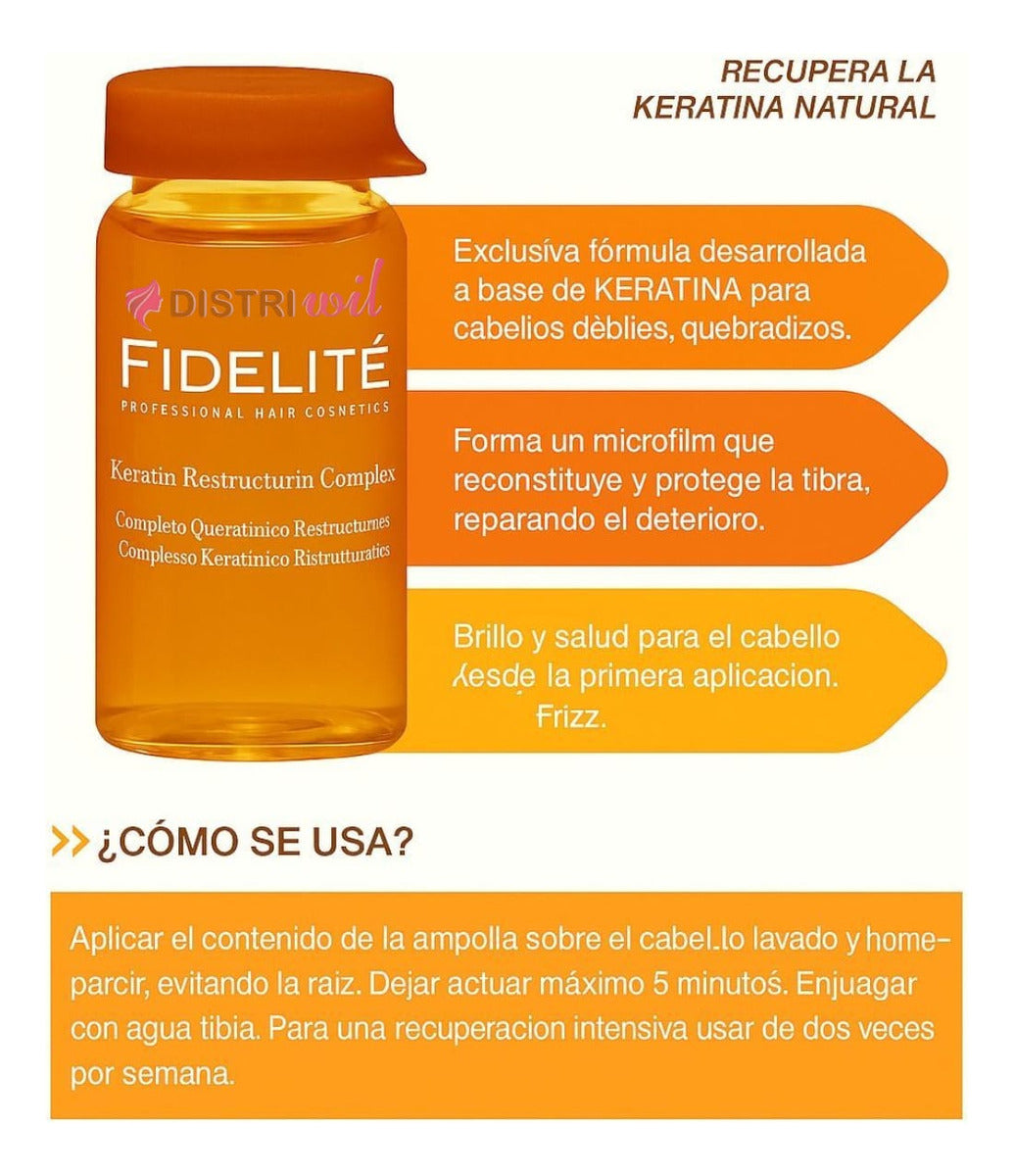 Caja De Ampollas Complejo Keratina Renueva Los Nutrientes Esenciales Del Cabello Brillo Suavidad Hidratante Fidelite X12 Unidades Uso Profesional Premium Salon Belleza