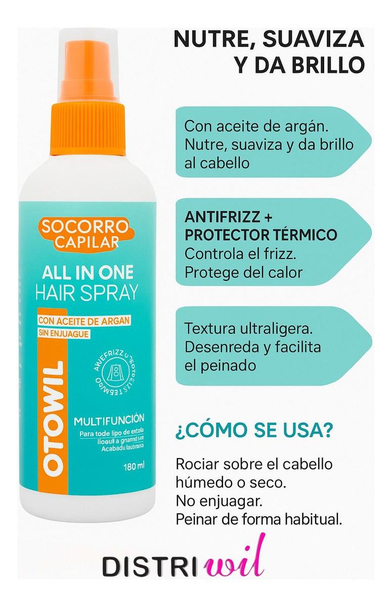 Tratamiento En Spray Otowil Socorro Capilar X180ml Con Aceite De Argan All In One Hair - Anti Frizz Multifuncion Vitaminico Protector Termico Sin Enjuague Brillo Acabado Luminoso - Uso Profesional