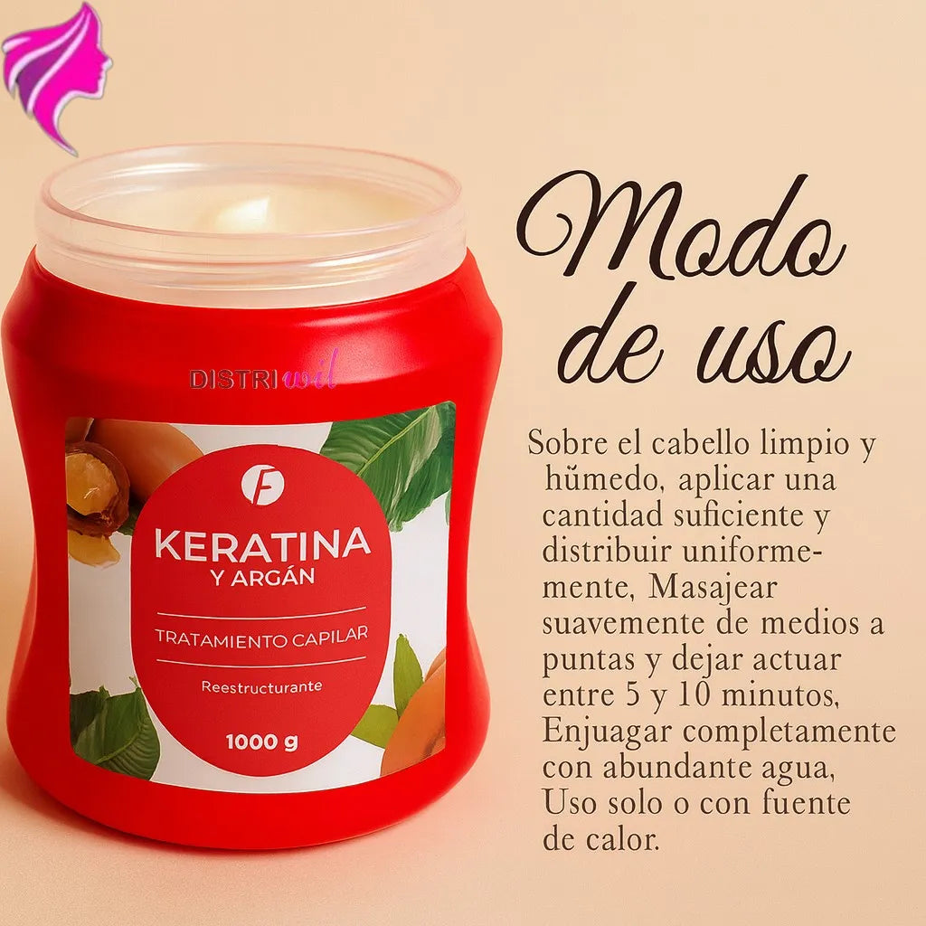 Mascara Keratina y Argan Frilayp X1000g Tratamiento Reestructurante Nutritivo Hidratante Oleo Extraordinario Luminoso Reconstruye Fibra Capilar Previniendo Quiebre y Caida