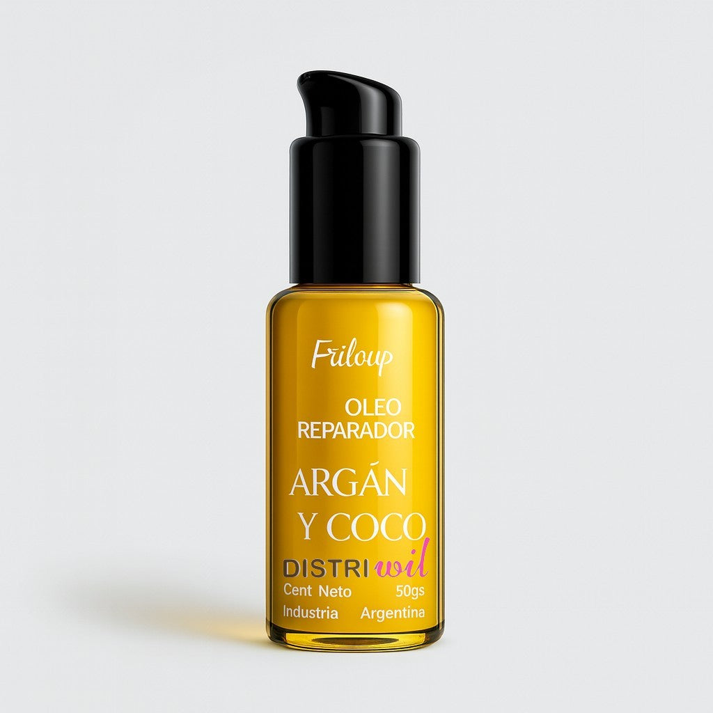 Serum Oleo Reparador Argan Y Coco Frilayp X50cc X12 Unidades - Nutre Hidrata Revitaliza Suaviza - Ideal Uso Profesional Barberia Peluqueria Estetica Salon - Reconstruye Fibra Capilar Y Aporta Brillo