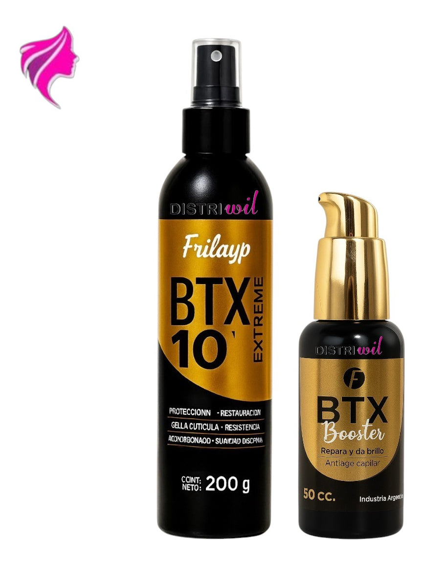 Kit Btx Extreme Frilayp Booster X50cc + Spray 10 En 1 X200g Proteccion Uv Filtro Solar Hidratante Brillo Suavidad Absolut Repair Uso Profesional Fortalecedor Anti Caida Sin Formol Antiage