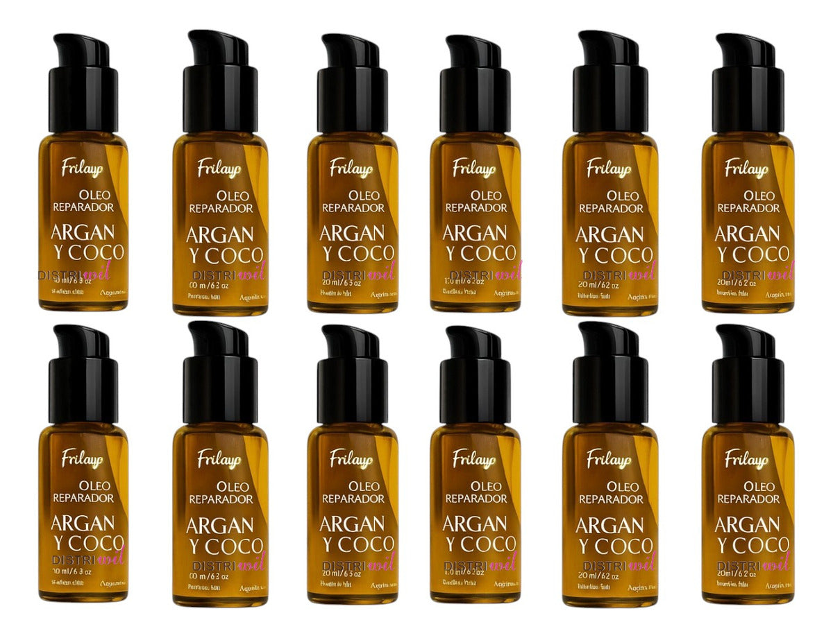 Serum Oleo Reparador Argan Y Coco Frilayp X50cc X12 Unidades - Nutre Hidrata Revitaliza Suaviza - Ideal Uso Profesional Barberia Peluqueria Estetica Salon - Reconstruye Fibra Capilar Y Aporta Brillo