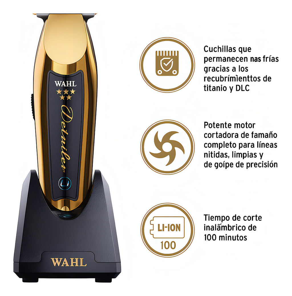 Maquina Corte Profesional Wahl Trimmer Cordless Detailer Li Gold - Cuchillas Superposicion Cero - Bateria Iones Litio - Indicador Led - Cuchillas Diamantadas De Titanio - Ideal Barberia Peluqueria