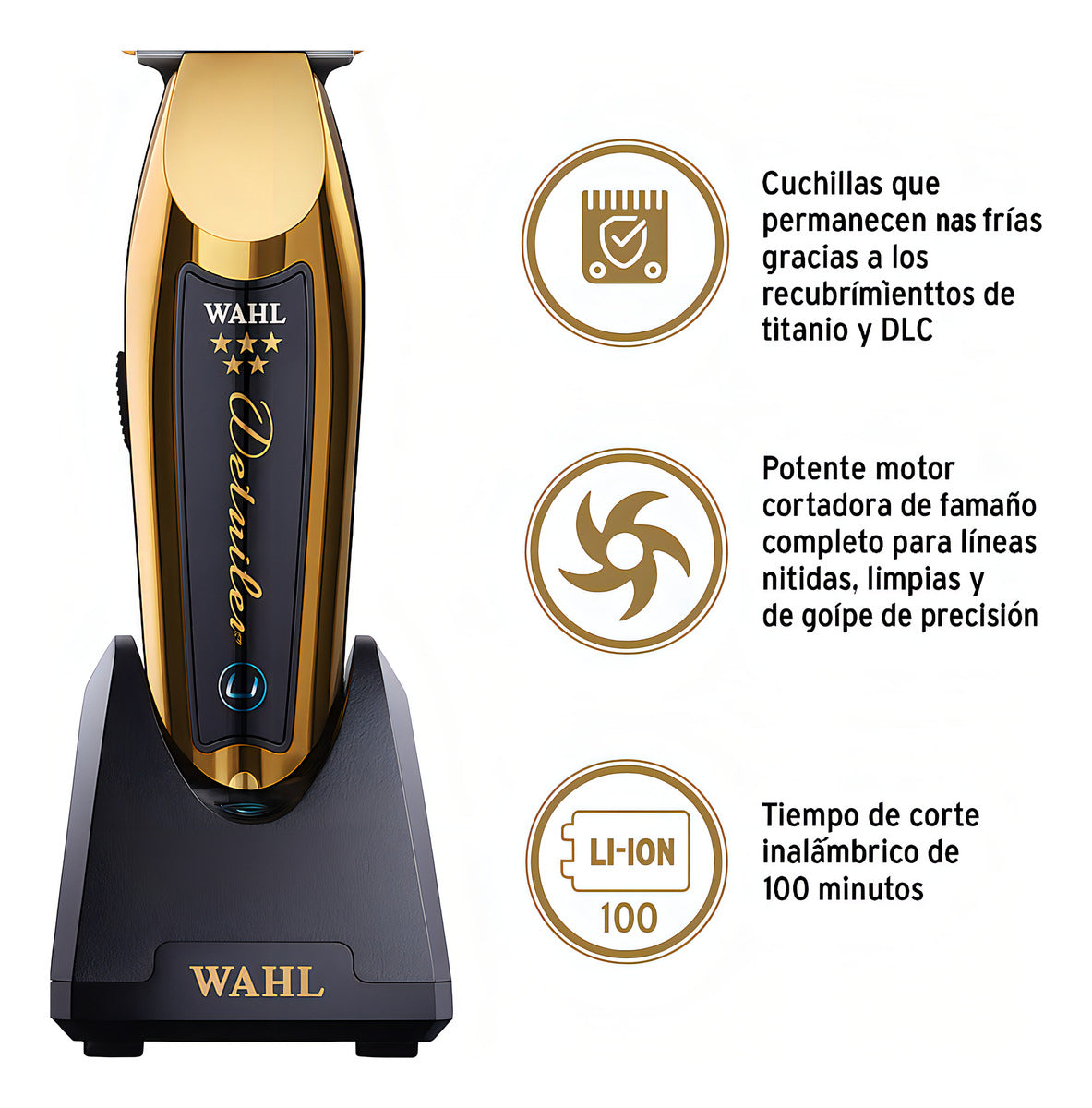 Maquina Corte Profesional Wahl Trimmer Cordless Detailer Li Gold - Cuchillas Superposicion Cero - Bateria Iones Litio - Indicador Led - Cuchillas Diamantadas De Titanio - Ideal Barberia Peluqueria