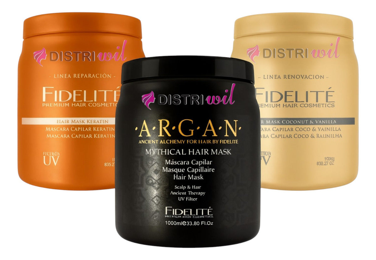 Kit Fidelite X3 Mascaras Capilares Argan Mythical + Keratina Reestructurante + Coco Con Vainilla X1000ml - Nutricion Brillo Suavidad Restauracion Hidratacion - Renueva Fibra Capilar