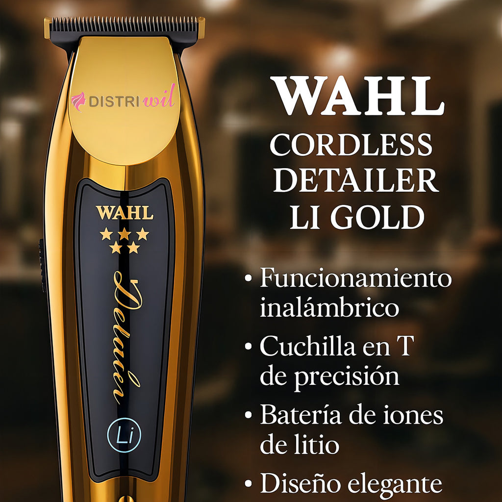 Maquina Corte Profesional Wahl Trimmer Cordless Detailer Li Gold - Cuchillas Superposicion Cero - Bateria Iones Litio - Indicador Led - Cuchillas Diamantadas De Titanio - Ideal Barberia Peluqueria