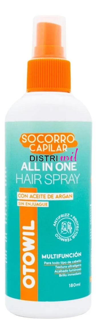 Tratamiento En Spray Otowil Socorro Capilar X180ml Con Aceite De Argan All In One Hair - Anti Frizz Multifuncion Vitaminico Protector Termico Sin Enjuague Brillo Acabado Luminoso - Uso Profesional