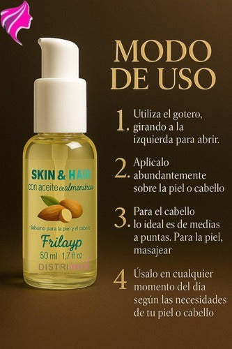 Frasco de aceite de almendras Distriwil Frilayp de 50cc con instrucciones de uso para piel y cabello