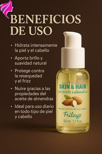 Frasco de aceite de almendras Distriwil Frilayp de 50cc con dosificador y lista de beneficios para piel y cabello