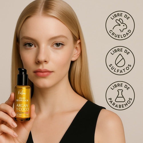 Modelo sosteniendo aceite capilar Frilayp de Distriwil con ingredientes de argán y coco, libre de crueldad y sulfatos.