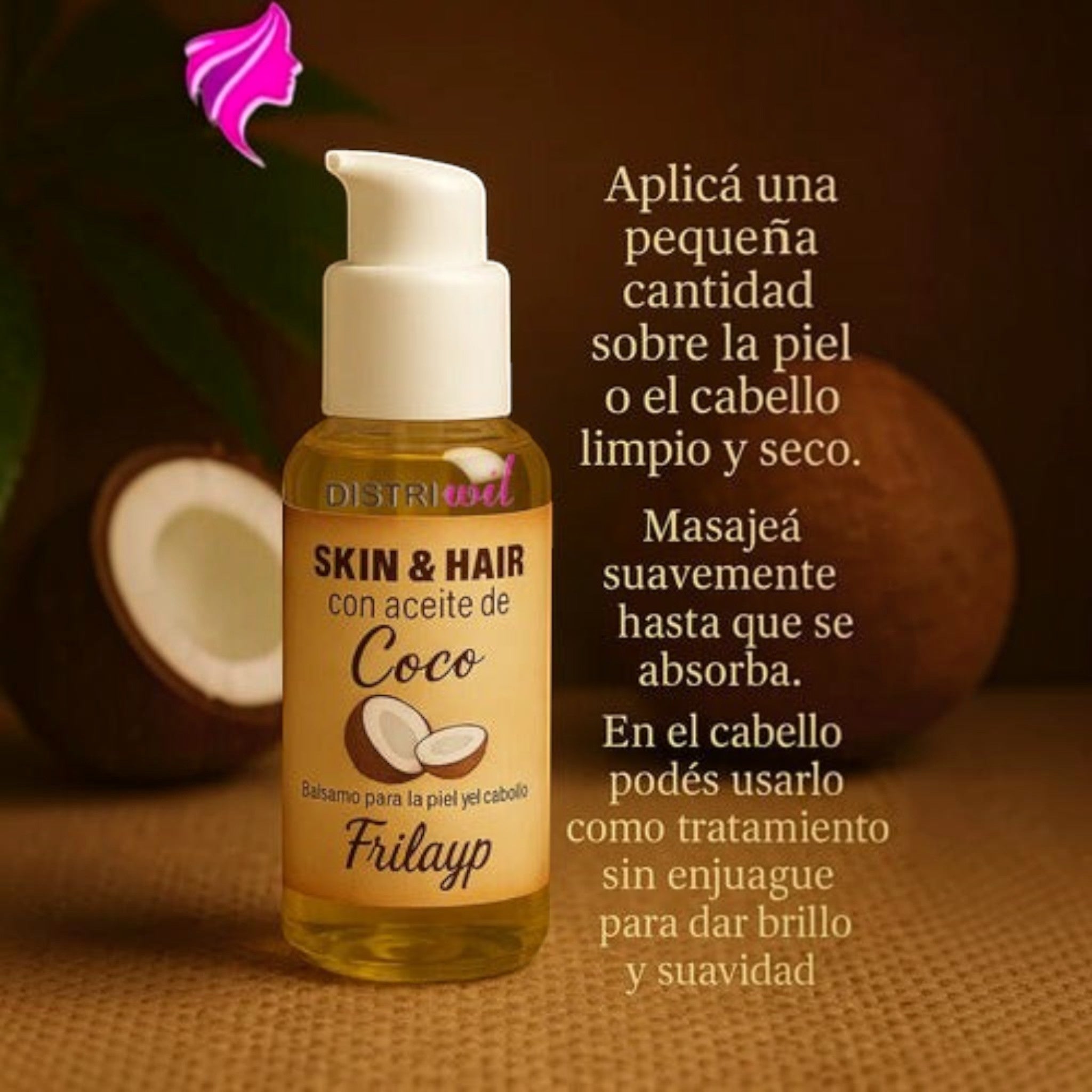 Booster de aceite de coco Frilayp de Distriwil para hidratar piel y cabello en envase dosificador de 50cc