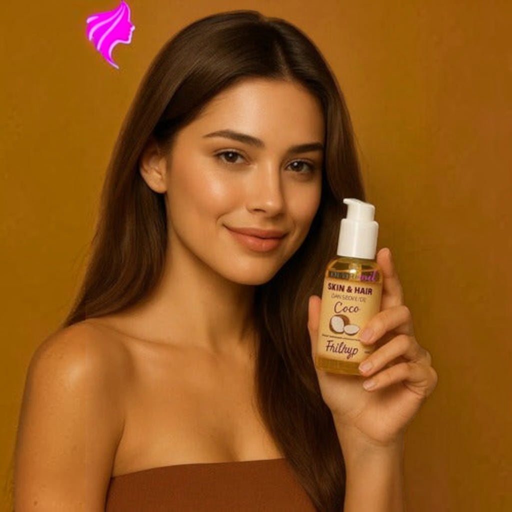 Mujer joven sosteniendo el aceite de coco Frilayp Skin y Hair de Distriwil para hidratar piel y cabello