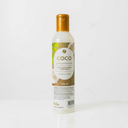 Acondicionador de coco Frilayp de 370ml en botella cilíndrica con tapa dorada, disponible en Distriwil