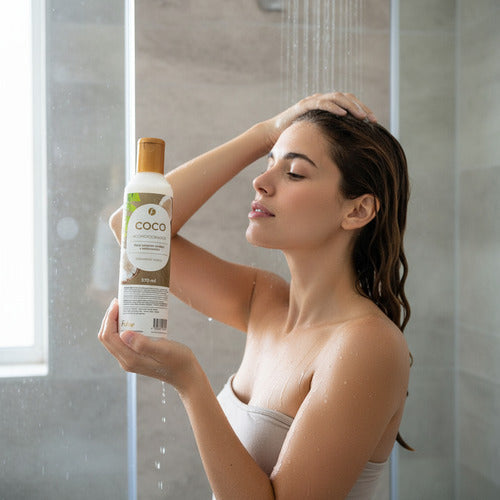 Mujer usando acondicionador de coco Frilayp de Distriwil en la ducha para hidratar y dar brillo a su cabello