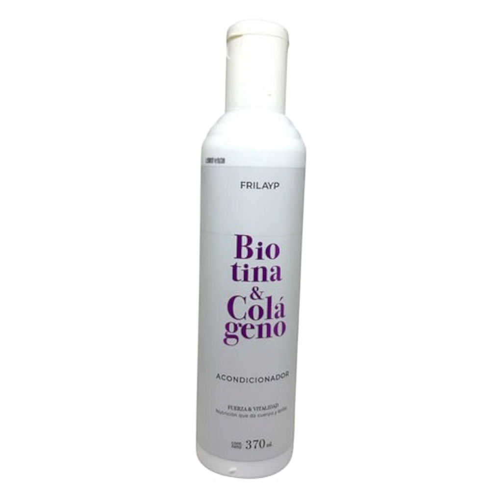 Acondicionador Frilayp Biotina y Colágeno de Distriwil en envase blanco de 370ml para fortalecer el cabello