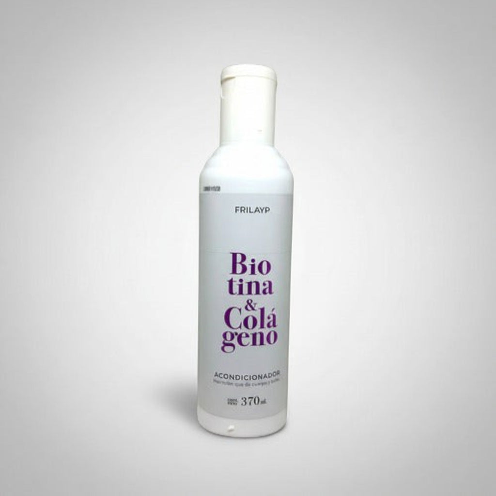 Acondicionador Frilayp Biotina y Colágeno de Distriwil en envase blanco de 370ml para fortalecer el cabello