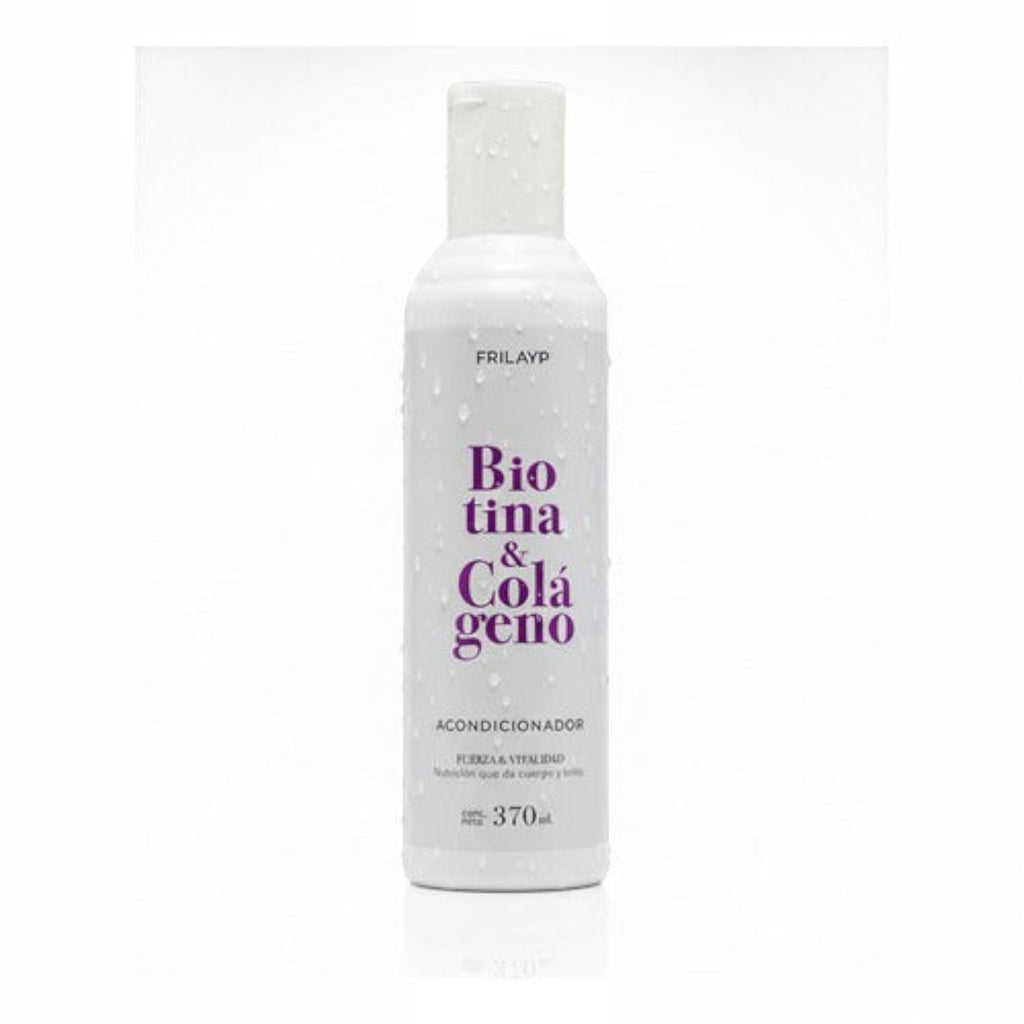 Acondicionador Distriwil Frilayp con biotina y colágeno en envase blanco de 370ml para fortalecer el cabello