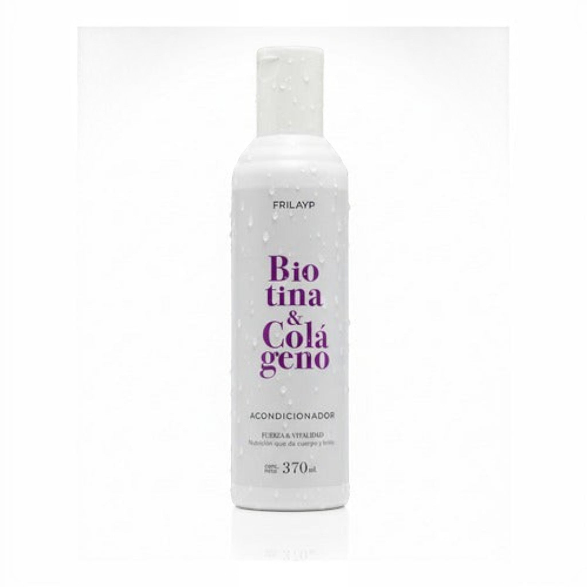 Acondicionador Distriwil Frilayp con biotina y colágeno en envase blanco de 370ml para fortalecer el cabello
