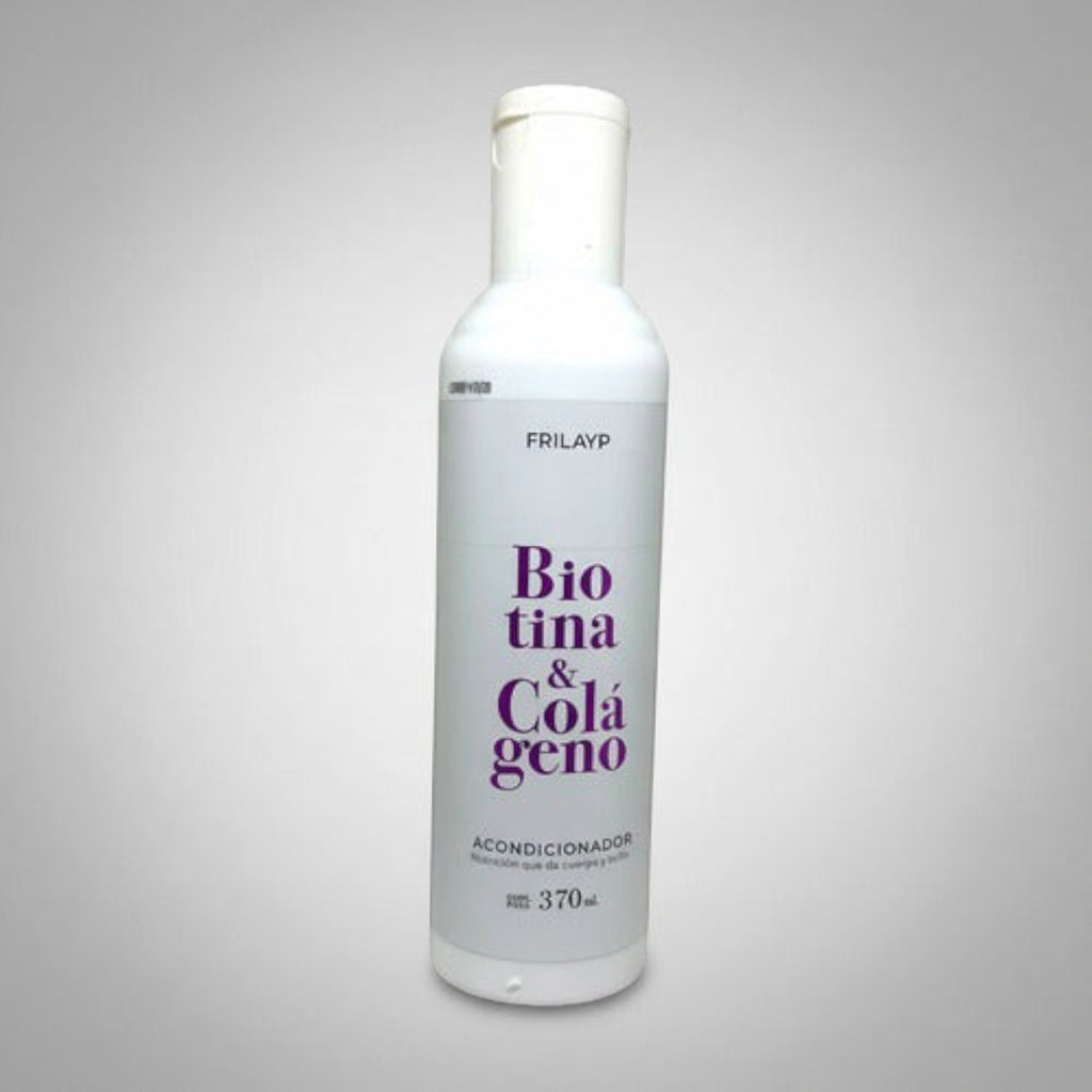 Acondicionador Frilayp Biotina y Colágeno de 370ml en envase blanco para fortalecer y nutrir todo tipo de cabello.