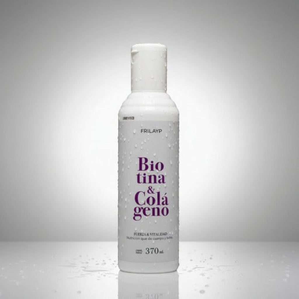 Acondicionador Distriwil Frilayp con biotina y colágeno en envase blanco de 370ml para fortalecer el cabello