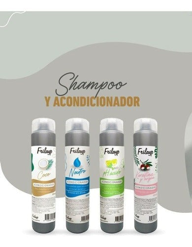 Combo de cuatro botellas de acondicionador Frilayp de Distriwil con diferentes fórmulas para el cuidado capilar.