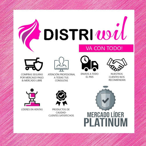 Banner informativo de Distriwil con iconos de servicios, envíos y garantía de calidad sobre fondo rosa texturizado.