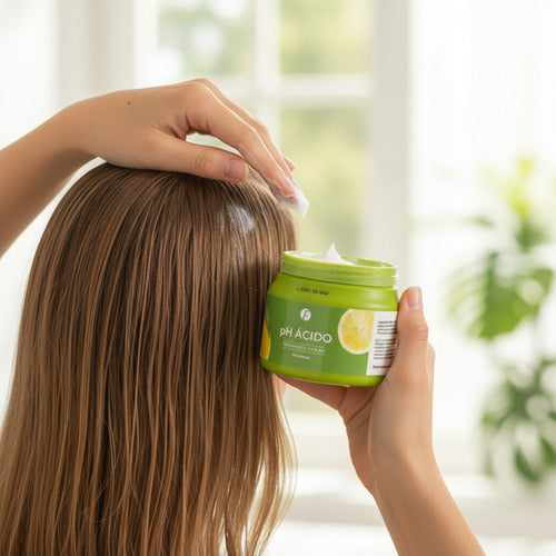 Distriwil Baño Capilar Profesional Frilayp de pH ácido en envase verde siendo aplicado en cabello castaño