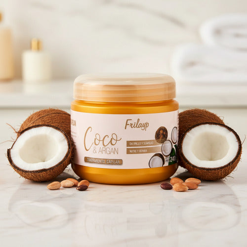 Baño de crema Distriwil Frilayp de coco y argán en envase de 240g con cocos frescos sobre superficie de mármol.