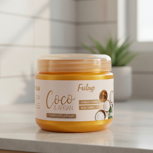 Baño de crema Frilayp Coco y Argan de Distriwil en envase de 240g para nutrición y brillo capilar