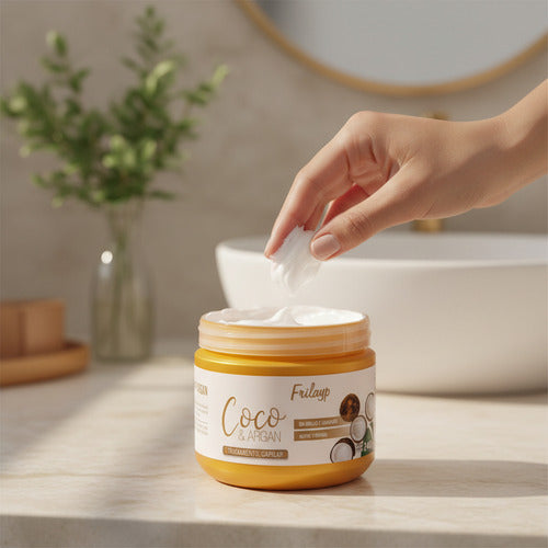 Baño de crema Distriwil Frilayp de coco y argán en envase amarillo con textura cremosa siendo aplicada