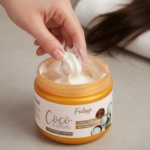 Baño de crema Frilayp Coco y Argan de Distriwil en envase de 240g con textura cremosa para nutrición capilar
