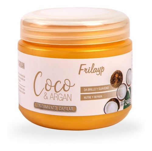 Baño de crema Distriwil Frilayp de coco y argán en envase naranja de 240g para nutrición y brillo capilar