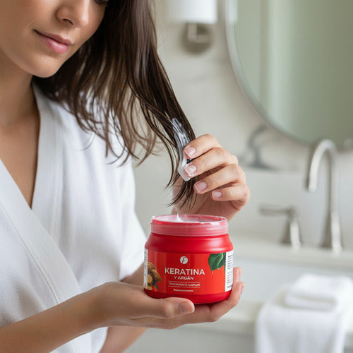 Mujer aplicando baño de crema Distriwil de keratina y argán en su cabello en un baño luminoso