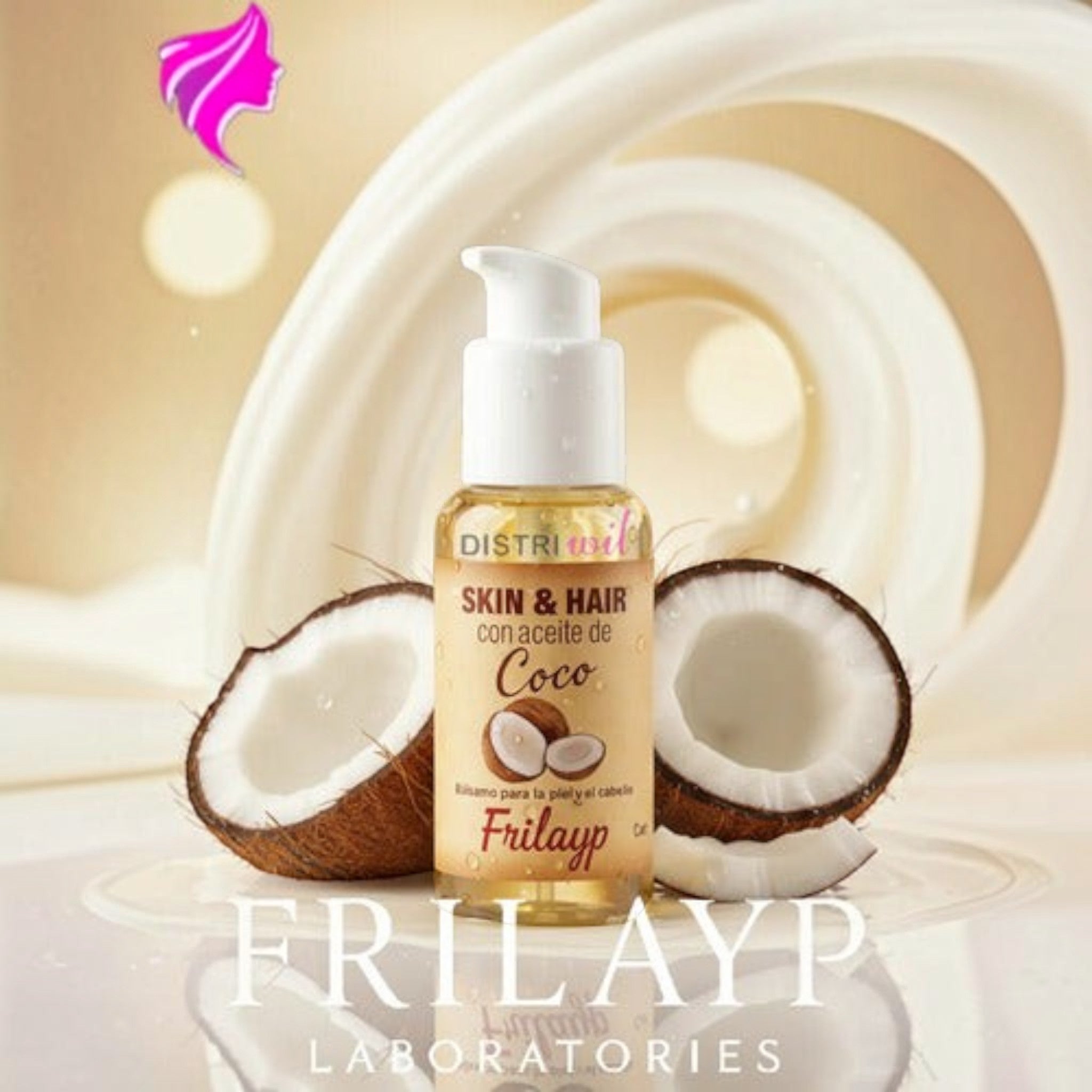 Booster hidratante Distriwil Frilayp de aceite de coco para piel y cabello en envase dosificador de 50cc