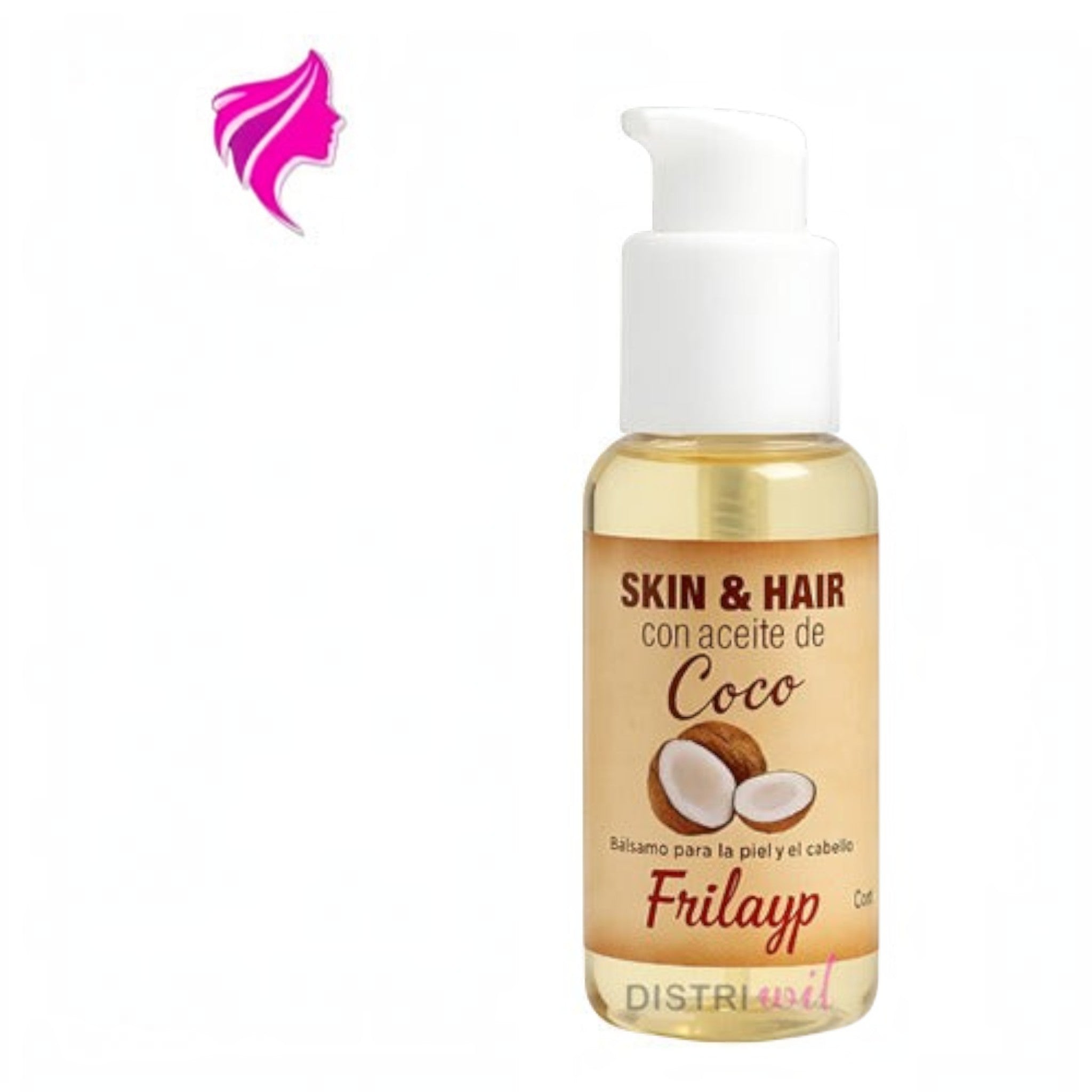 Booster hidratante Distriwil Frilayp de aceite de coco para piel y cabello en envase con dosificador de 50cc