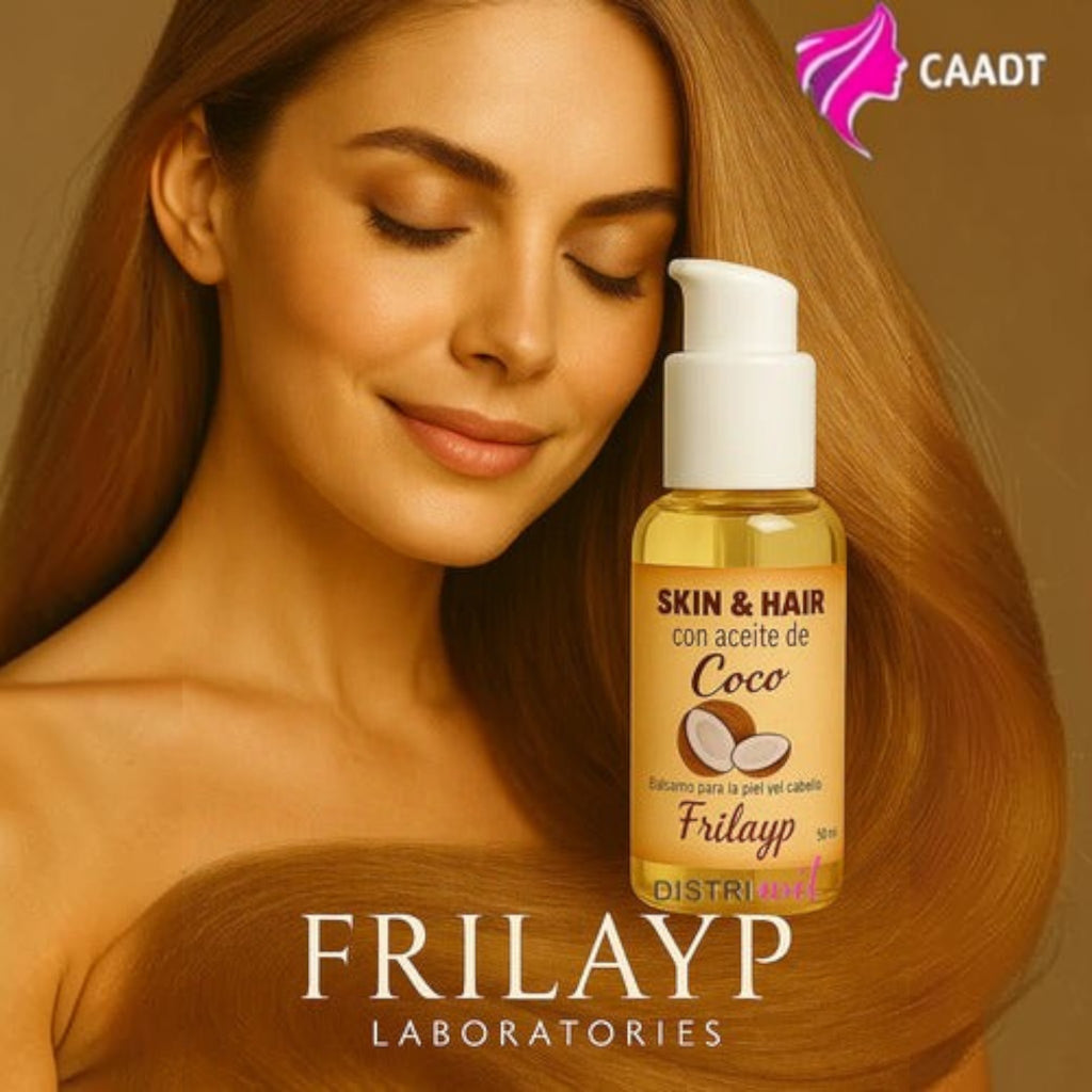 Booster de aceite de coco Frilayp Distriwil para piel y cabello en frasco dosificador de 50cc con mujer radiante