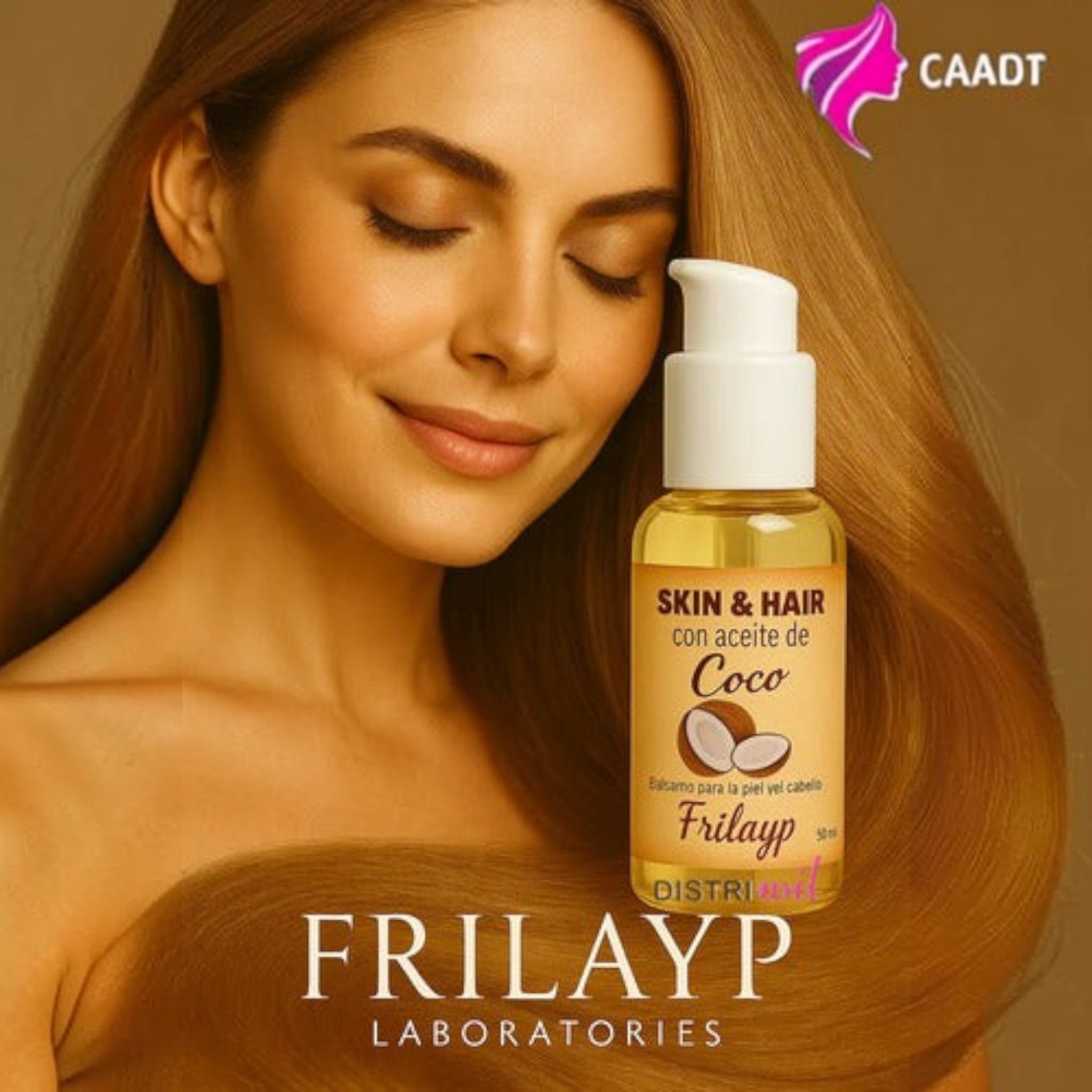 Booster de aceite de coco Frilayp Distriwil para piel y cabello en frasco dosificador de 50cc con mujer radiante