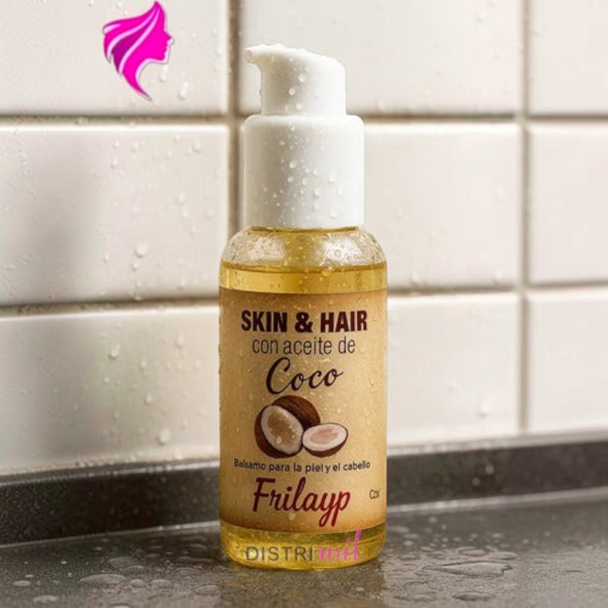 Booster de aceite de coco Frilayp para piel y cabello en envase dosificador de 50cc de Distriwil