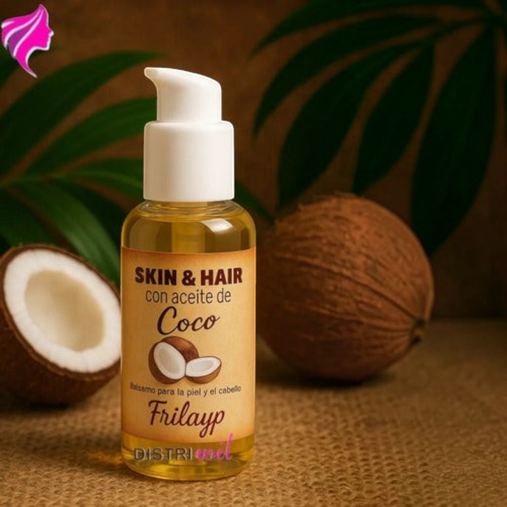 Booster de aceite de coco Frilayp de Distriwil en envase dosificador de 50cc para hidratar piel y cabello