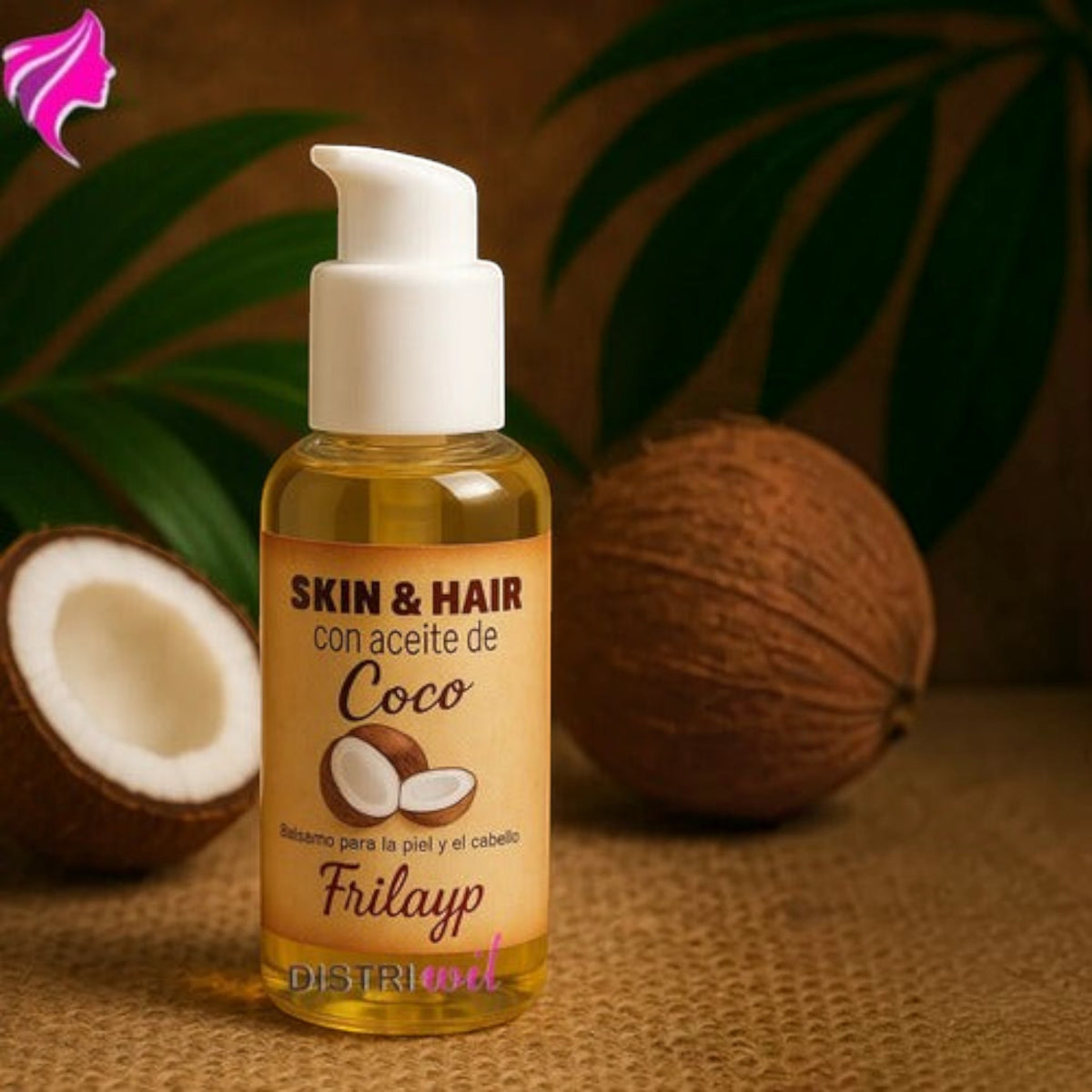 Booster de aceite de coco Frilayp de Distriwil en envase dosificador de 50cc para hidratar piel y cabello