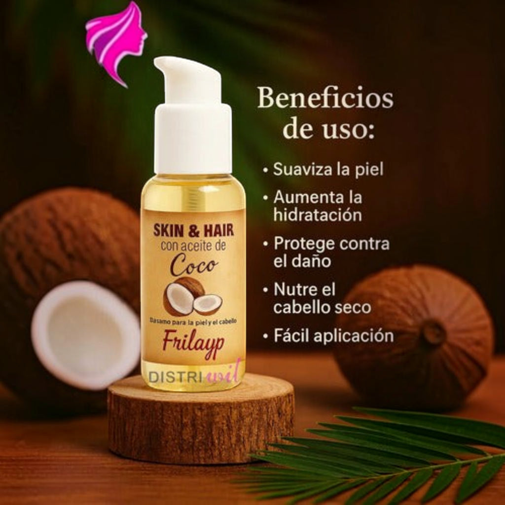 Booster de aceite de coco Frilayp de Distriwil para hidratar piel y cabello en envase con dosificador de 50cc